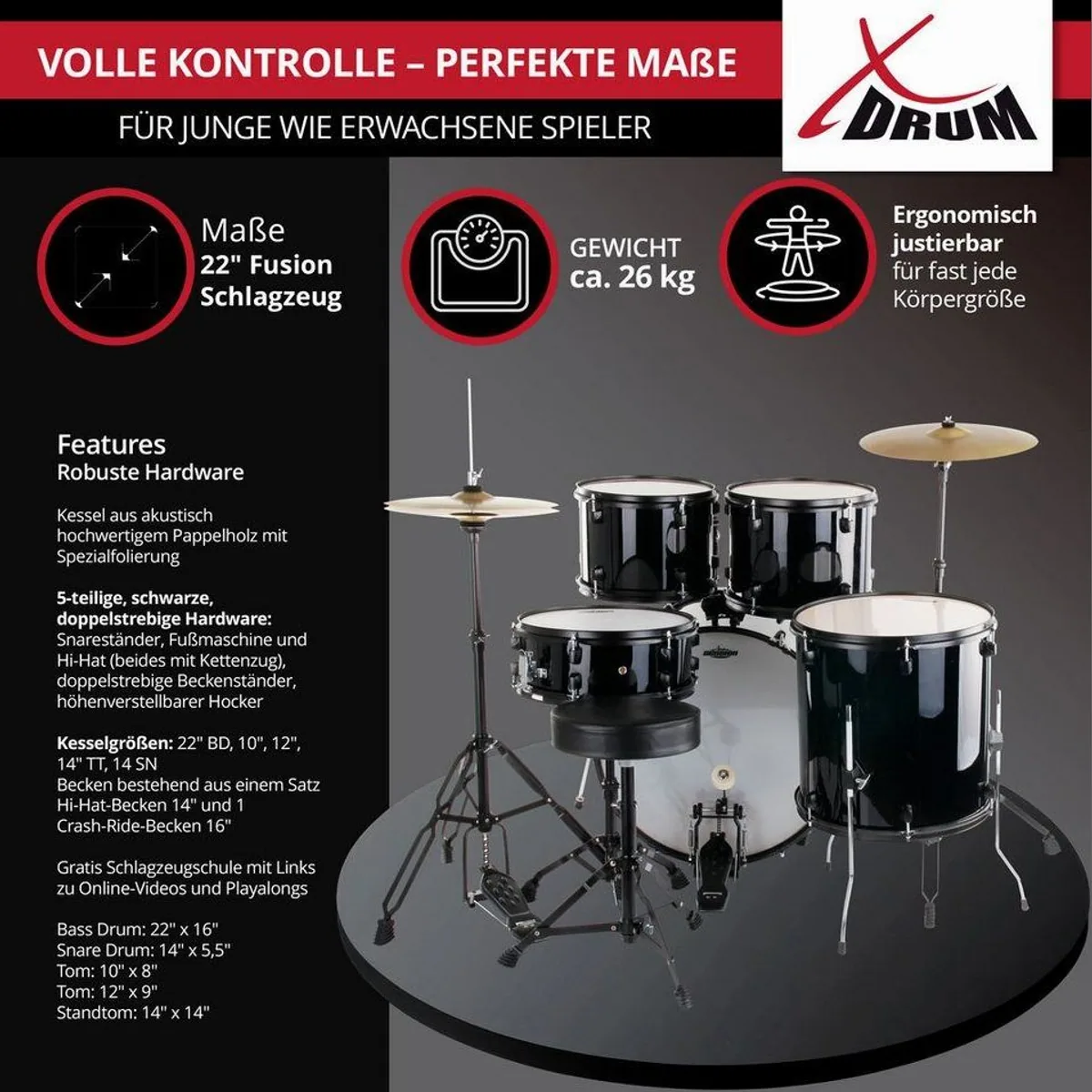 XDrum Schlagzeug Rookie 22" Fusion, komplett mit Hocker & Drumsticks 3