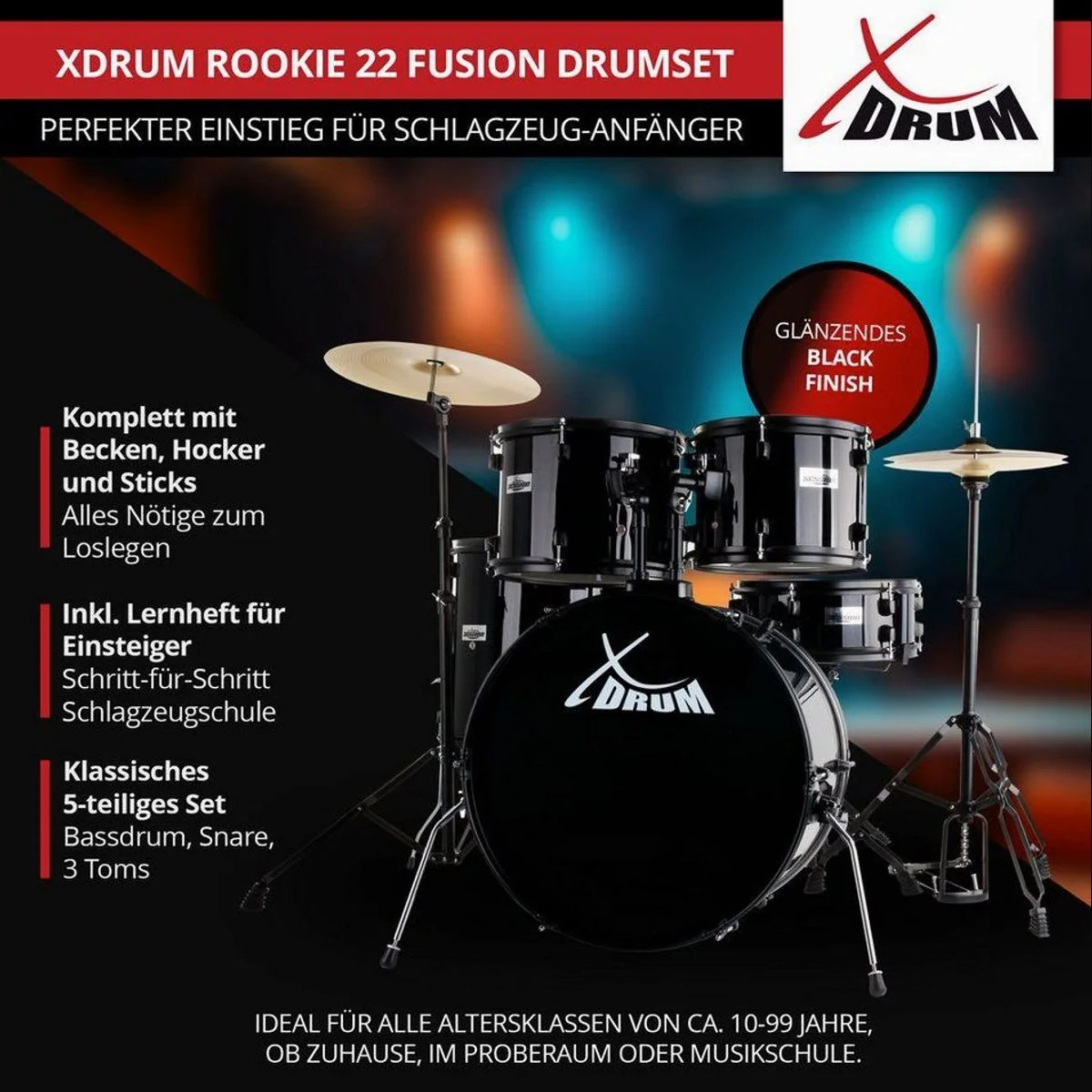 XDrum Schlagzeug Rookie 22" Fusion, komplett mit Hocker & Drumsticks 5