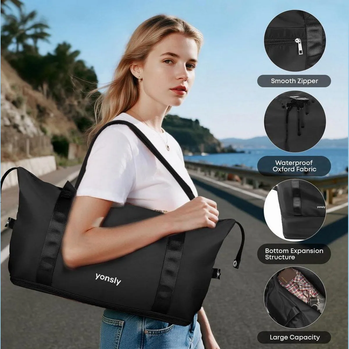 YONSLY Trolleyset, 5-teilig mit Reisetasche und Kosmetiktasche, 4 Rollen 3